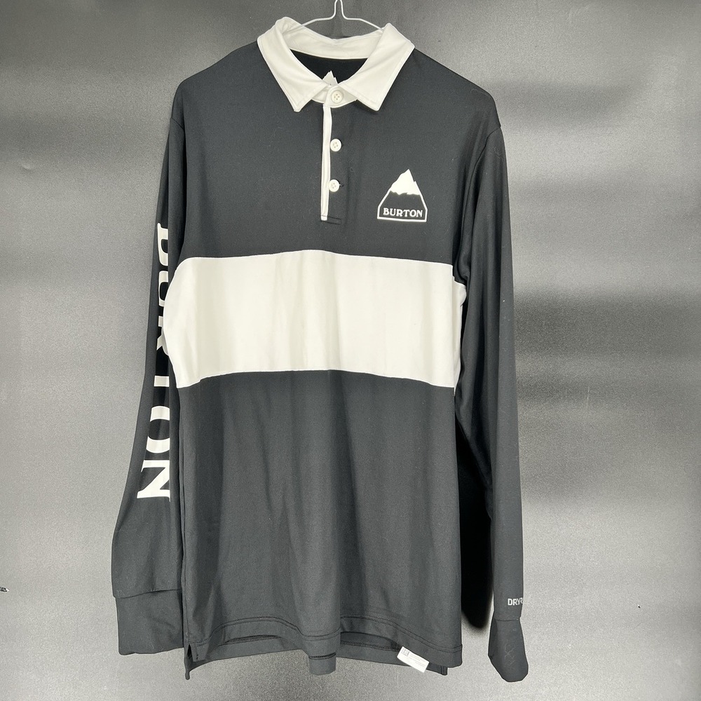 BURTON Long Sleeve Polo Rugby Shirt Mens Size M Black White Spell Out On Arm
